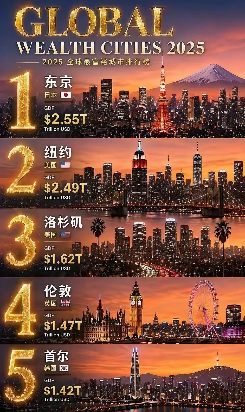 2025全球“最有钱”5大城市，全部被英美日韩包揽，美国独占两席，英国伦敦韩国首