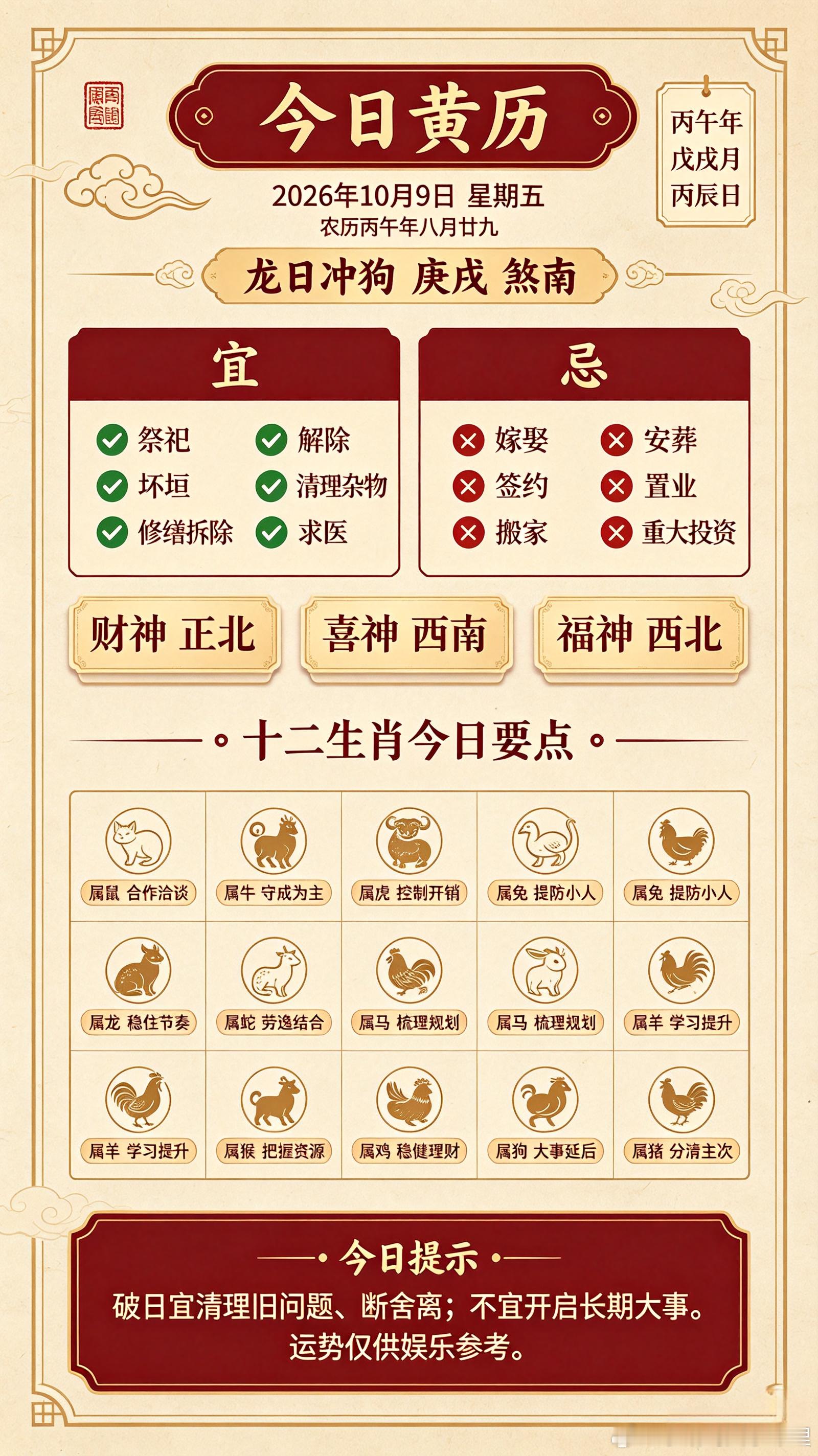 ✨小运播报｜2026年10月09日 星期五农历：丙午年 八月廿九｜干支：丙午年 