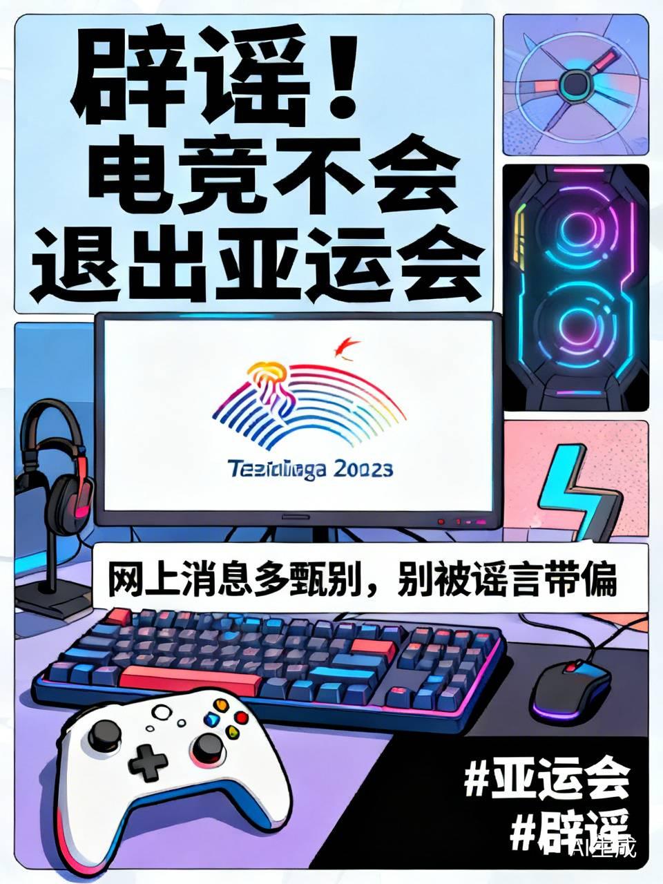 标题：辟谣！电竞不会退出亚运会
刷到消息说电竞要退出亚运会，是假消息哈。
网络上