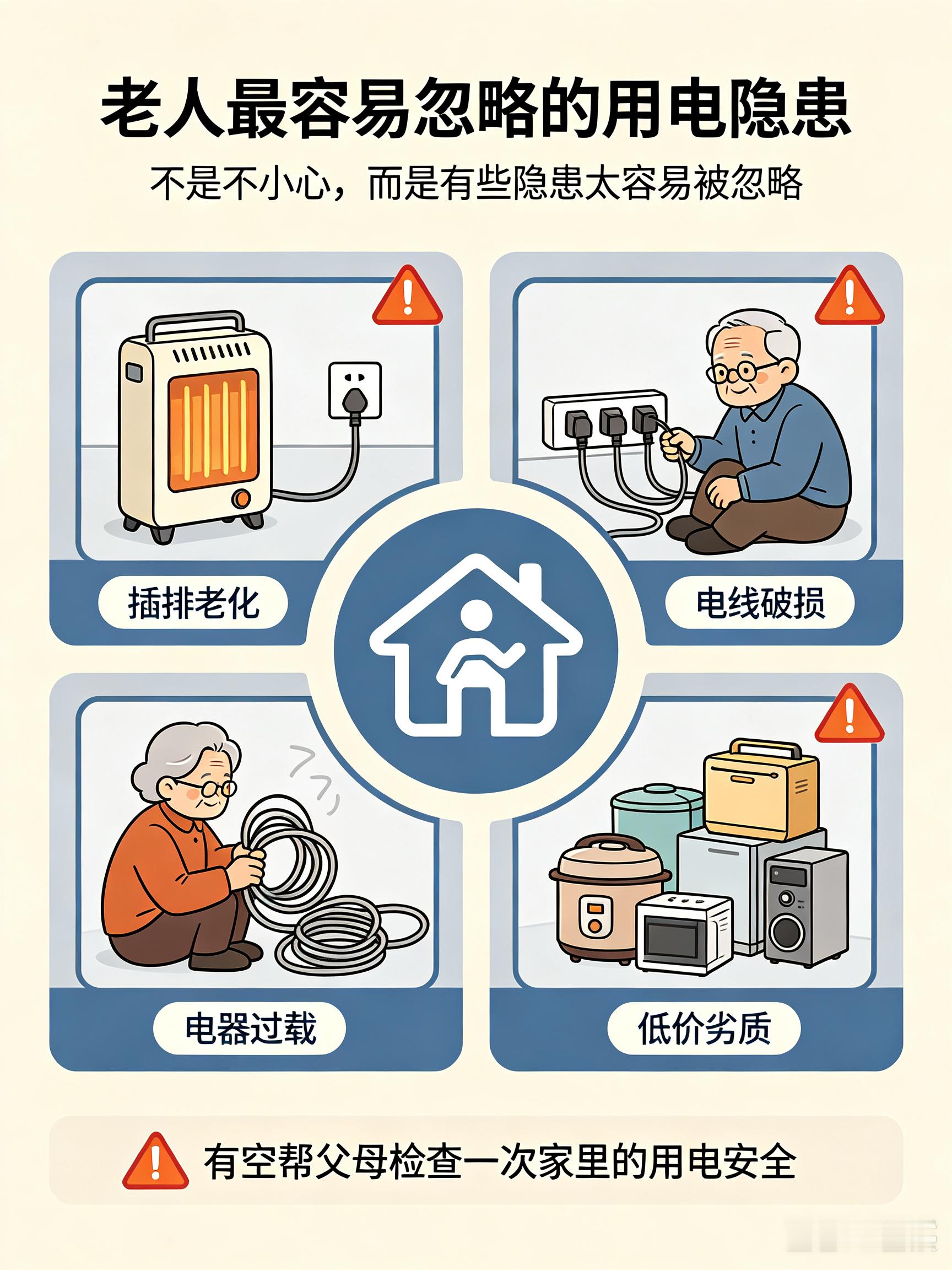 老人最容易忽略的用电隐患其实老人本身安全意识并不差，平时也处处小心。但过日子节俭