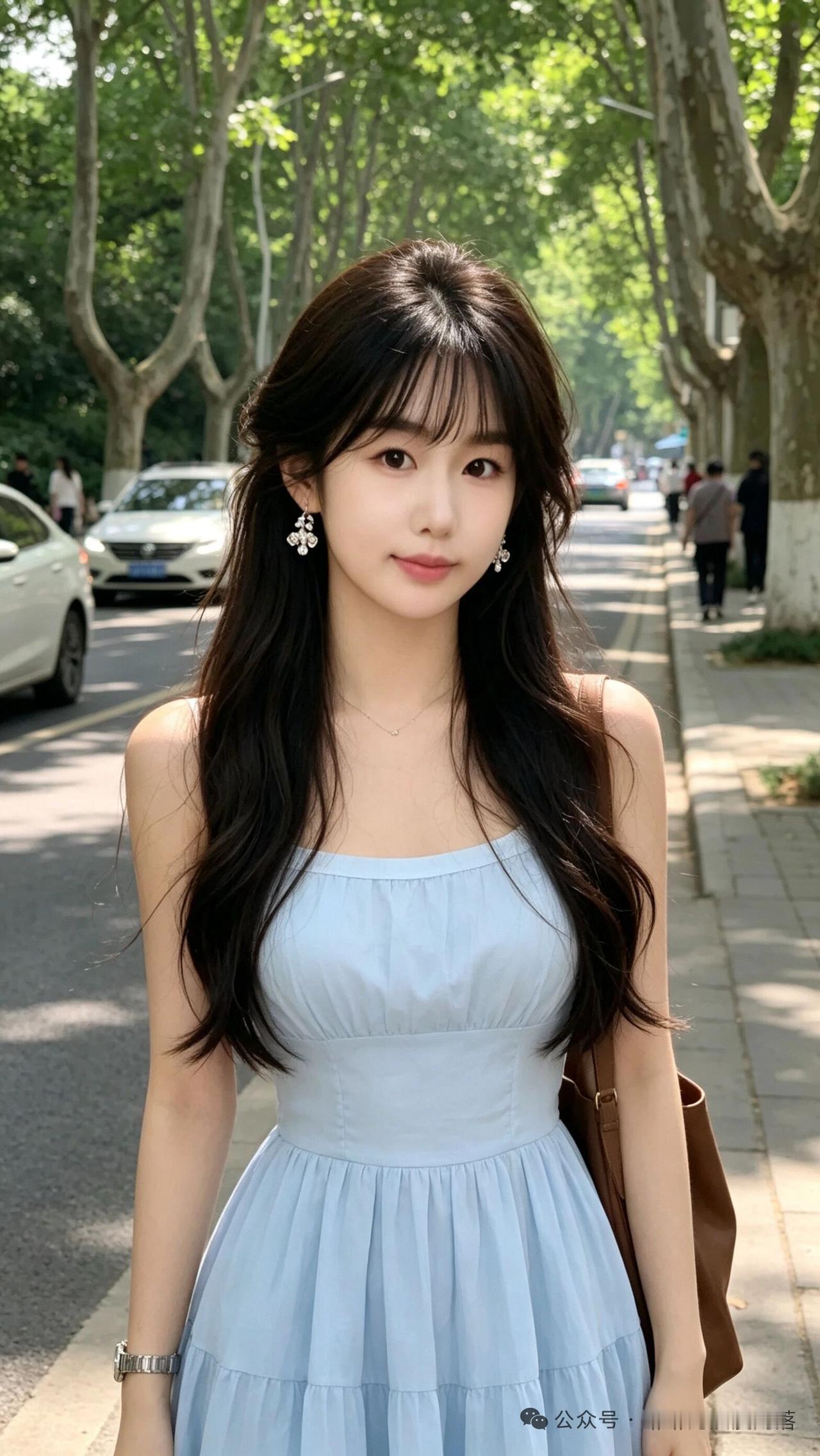 阳光明媚，她走在林荫道上。斑驳的光影洒落在她身上，像给她披上了一层梦幻的纱衣。路