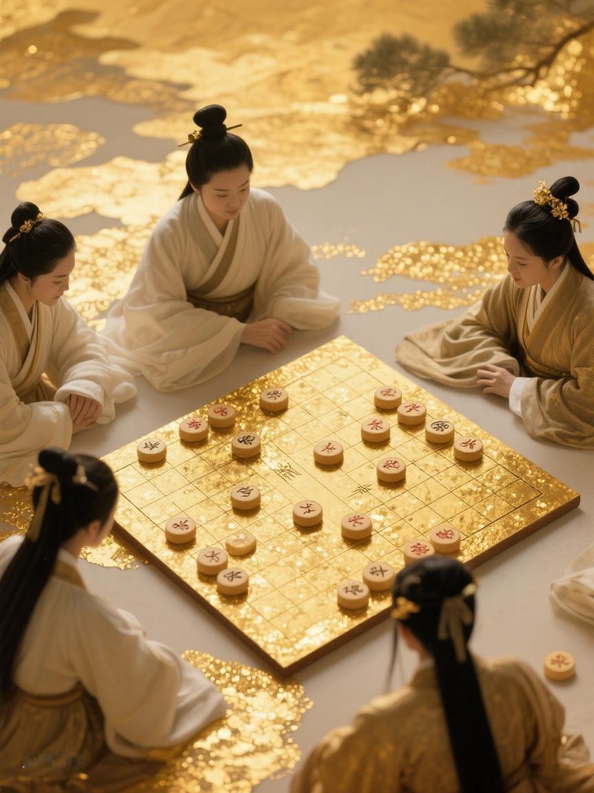 AI妙生图在金辉映照的棋盘边，落子间似有风云涌动，每一步皆是对人生策略的探寻✨