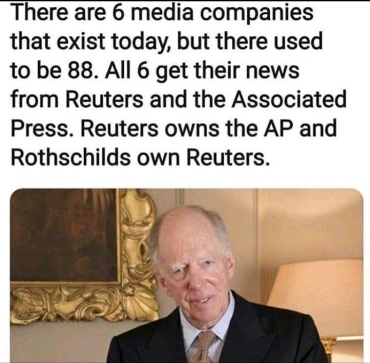 图片中的文字声称，现如今美国有6家主要的媒体公司，而过去曾有88家。这6家媒体公