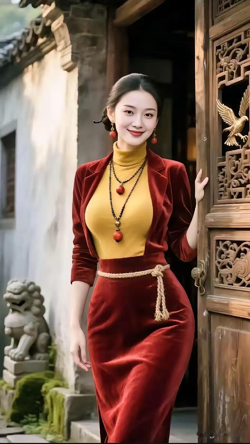 金字经·木门轻启
木门轻轻启，
红裙藏旧光。
石兽青苔静守旁。
望，颈间红坠长。