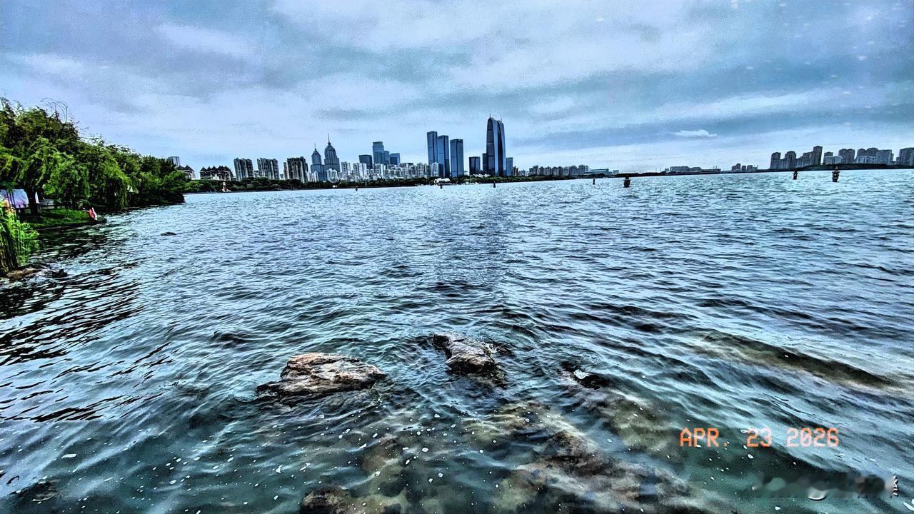 雨淅淅沥沥下了一天一夜，金鸡湖的水位明显上涨。原本干爽的湖边栈道，已有一部分被湖