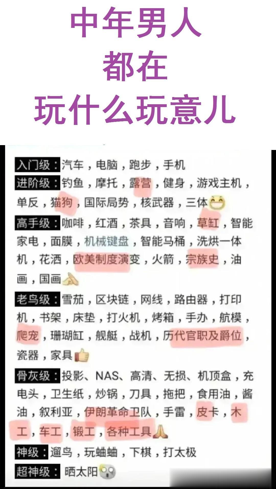 中年男人都在玩什么？
入门级别：跑步、手机；
进阶级别：健身、谈论国际局势；
高