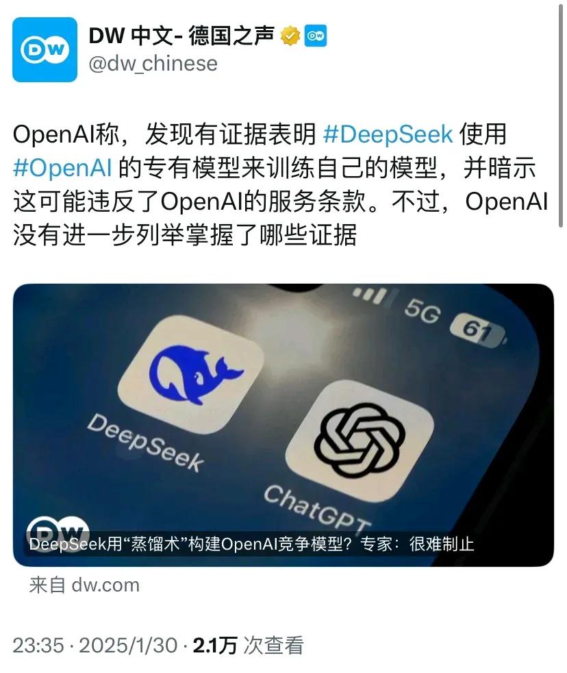 德国之声昨晚（1月30日晚）报道：“OpenAI称，发现有证据表明DeepSee