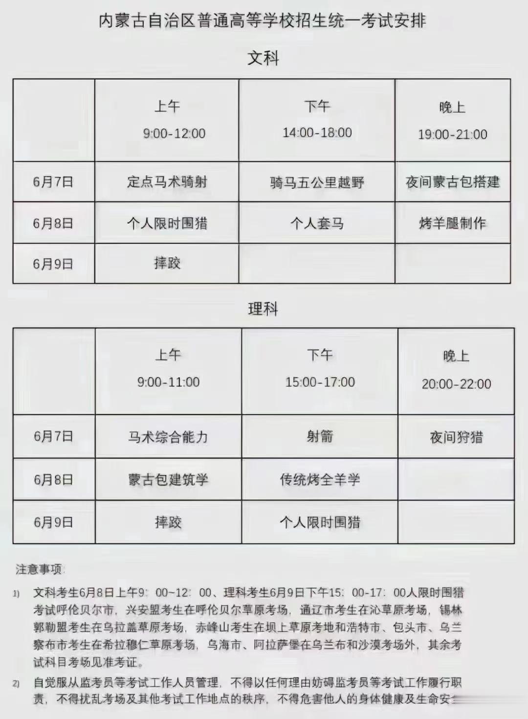 内蒙古高考科目如下。备注：所需马匹、弓箭、套马杆、毛毡等物，均由各考点发放。祝考