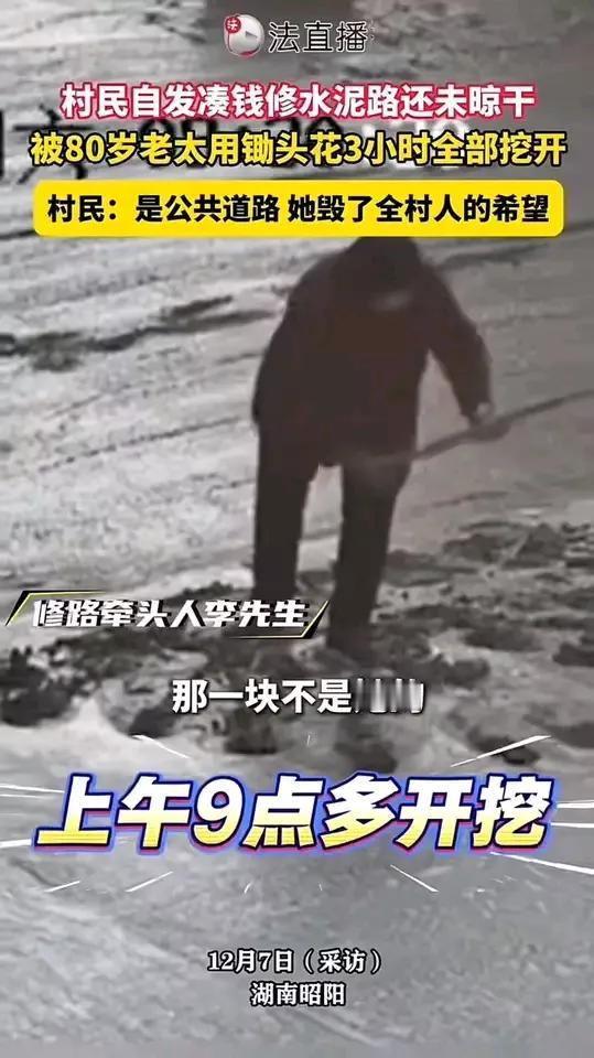 邵阳，村民自发凑钱修水泥路，结果水泥还没干，就被 80 岁老太太用锄头花 3 小