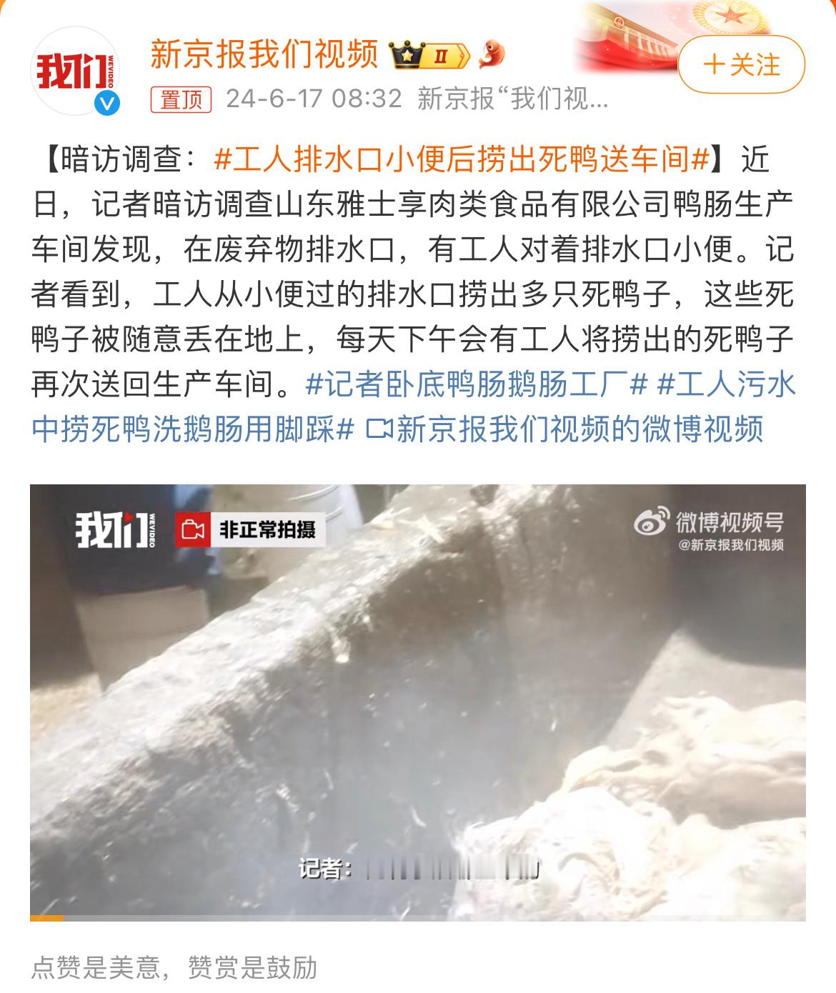 #工人排水口小便后捞出死鸭送车间#最近经常刷到打假的视频，看到这个，记者打假和网