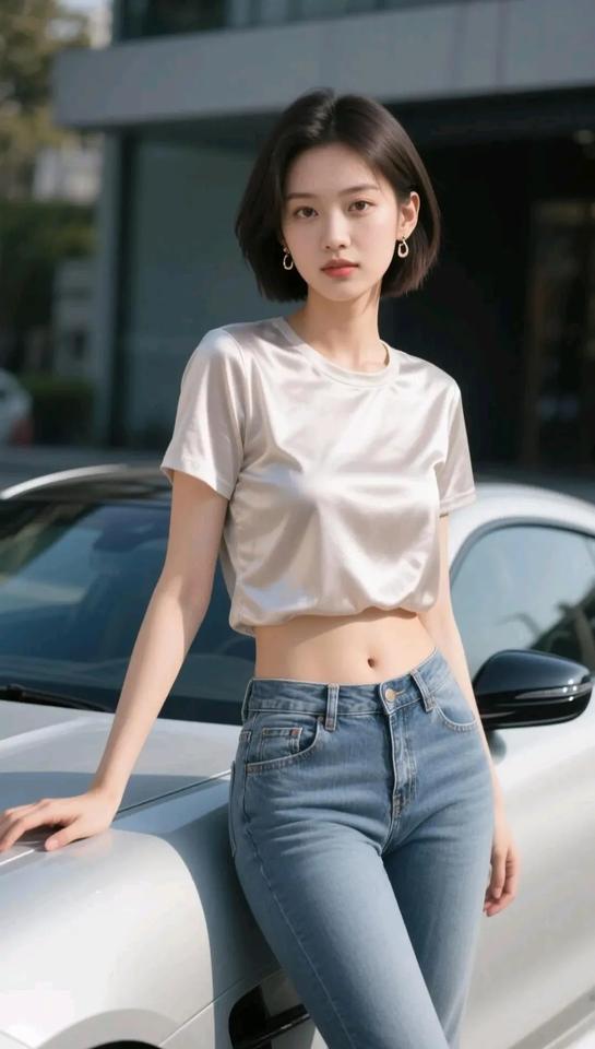 都市女孩的时尚穿搭，简约白色上衣搭配牛仔裤，轻松自在。