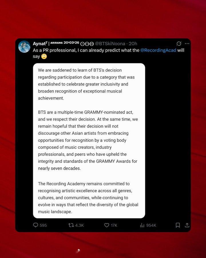 防弹少年团 【X平台网友神预测格莱美奖CEO回应BTS退赛声明】在BTS 正式宣