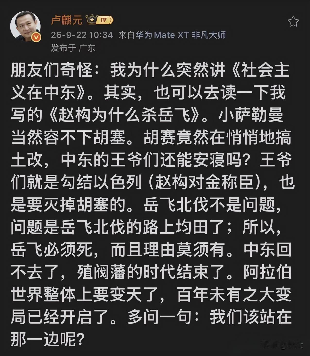 卢麒元这回抛出的观点，
确实够硬，
听完后背直发凉。

他拿岳飞当靶子，说当年岳