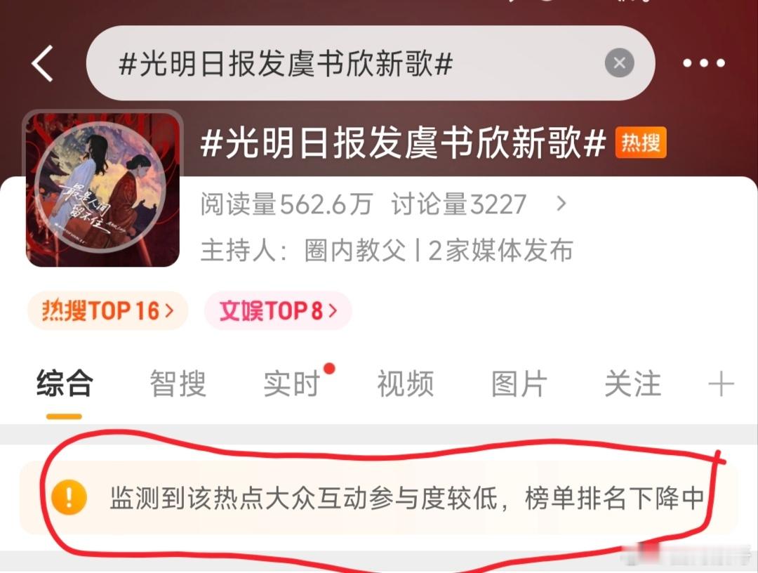 光明日报发虞书欣新歌啊？虞书欣这个话题被标了“检测到该热点大众互动参与度较低”，
