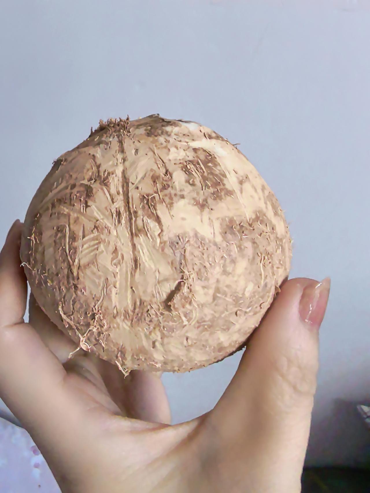 超市买了一个椰子，是那种带嘴的，有根吸管插进去，可以直接喝的。回家后喝完椰子水，