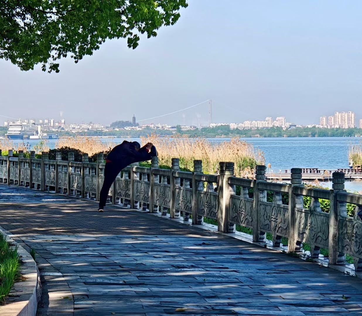 春日生活打卡季晨光里的湖边步道，一个舒展的身影，在风里慢慢拉开筋骨。远处的水、芦