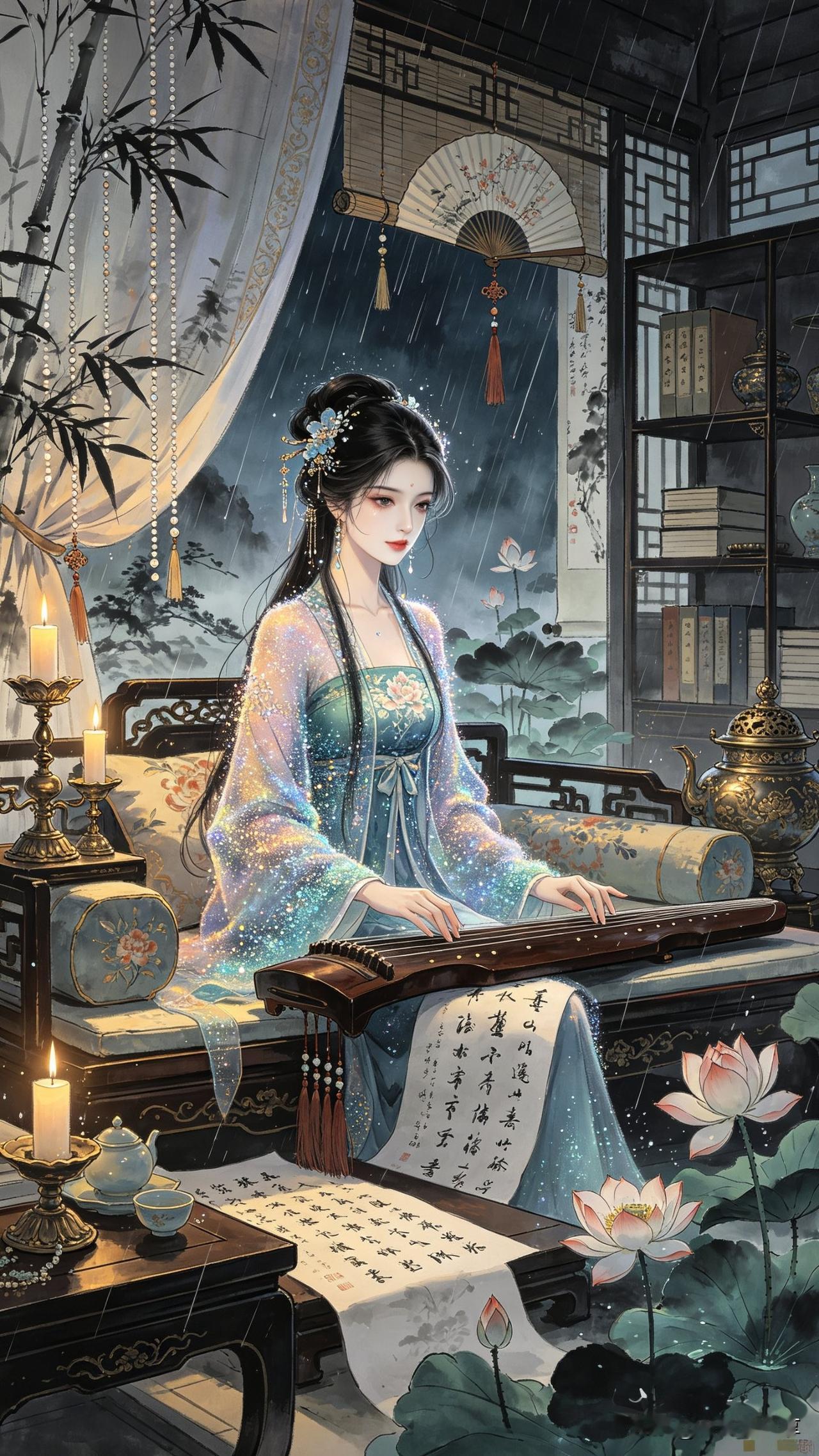 鹧鸪天·雨夜抚琴

帘外潇潇雨未休，孤灯照影上妆楼。
青衫染露寒初透，素手调弦意