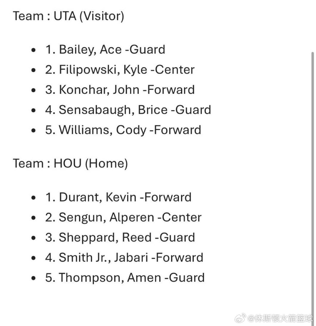 爵士vs火箭 今日首发出炉：客队：犹他爵士（UTA）1. 埃斯·贝利 - 后卫2