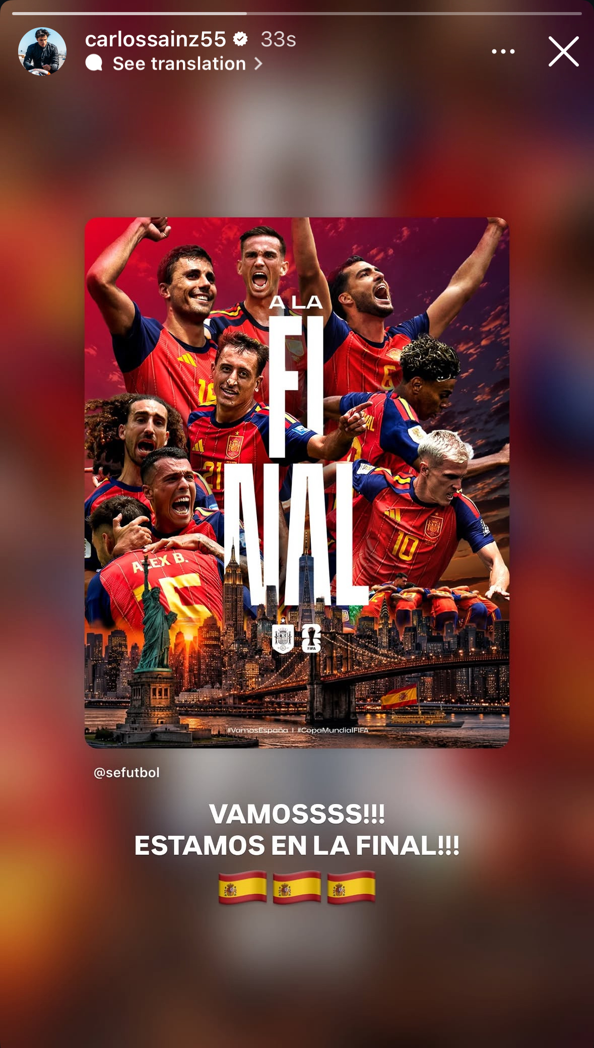 塞恩斯更新IG快拍“Vamos！！！我们进决赛了！！！🇪🇸🇪🇸🇪🇸”