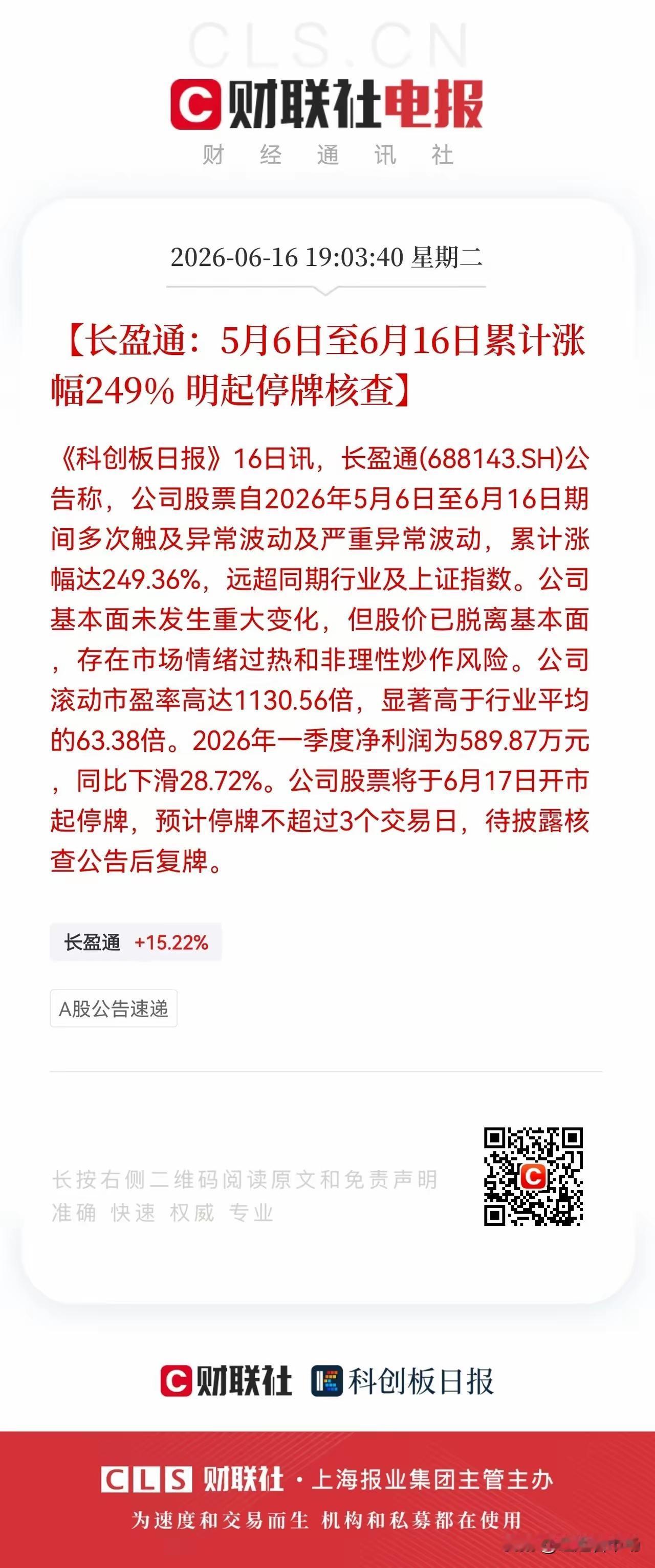 长盈通暴涨249%，明天停牌喝茶，这是要踩刹车了。