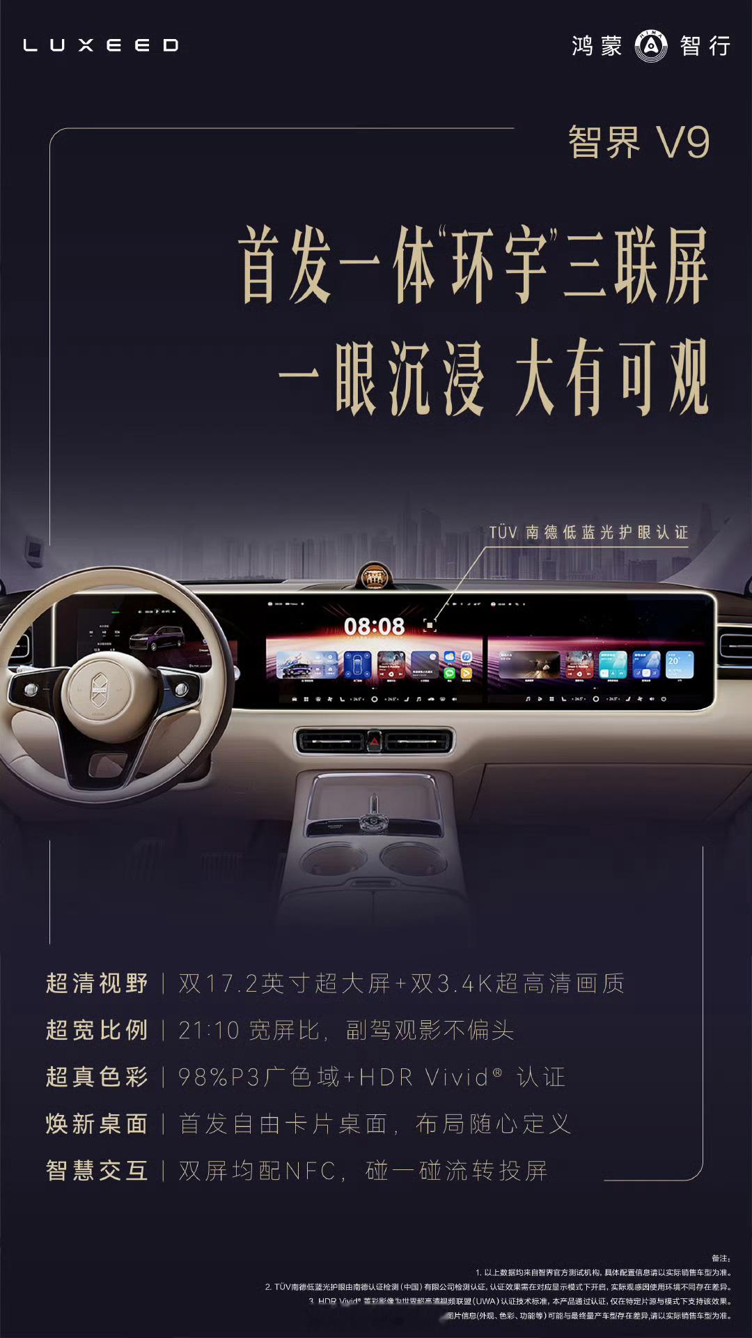 鸿蒙智行首款旗舰 MPV —— 智界 V9 将首发一体“环宇”三联屏。-焕新桌面