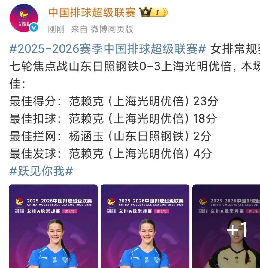 真没想到排超联赛官方发文，单独给第七轮山东女排0-3不敌上海女排的比赛，评出来了