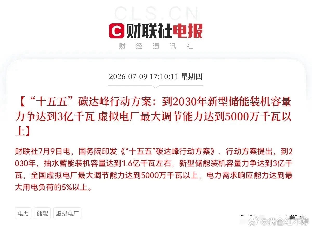 重磅政策落地！十五五碳达峰方案出炉，储能、虚拟电厂迎来大风口 