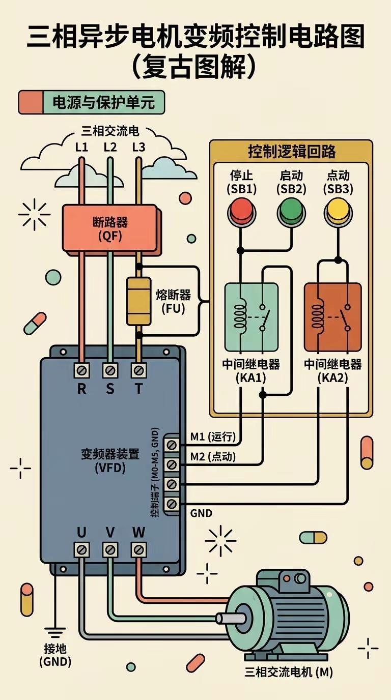 电工面试经典考题：变频器的正反转控制电路。变频器m0是正转，m1是反转。上升沿有