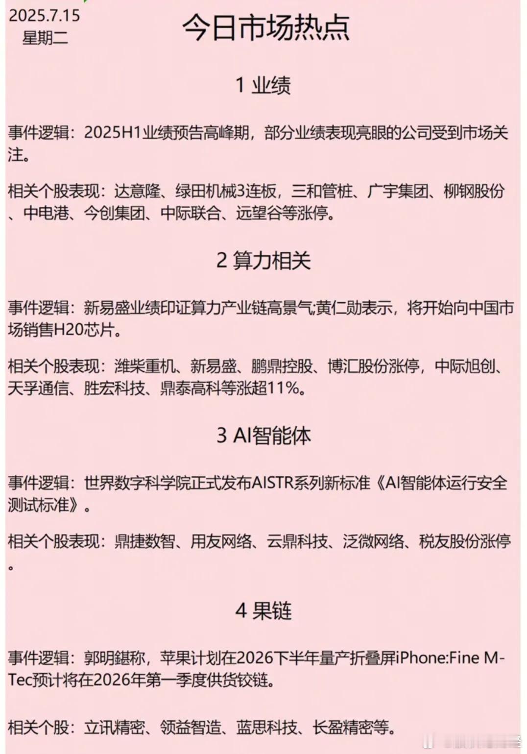 7月15日，赛道切换AI产业链业绩爆发，CPU 、PCB、算力明确告诉你，今天的