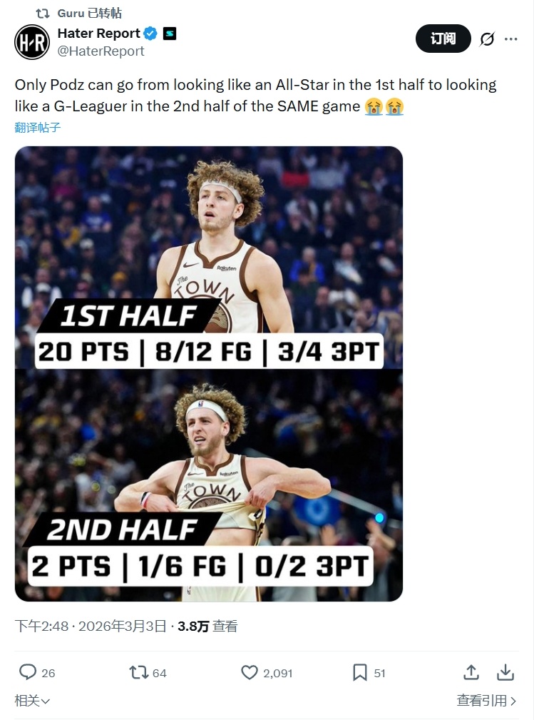 ➡第三节球队保持领先的时候球都摸不着，落后了就各种塞给他让他硬解金州勇士波杰姆斯