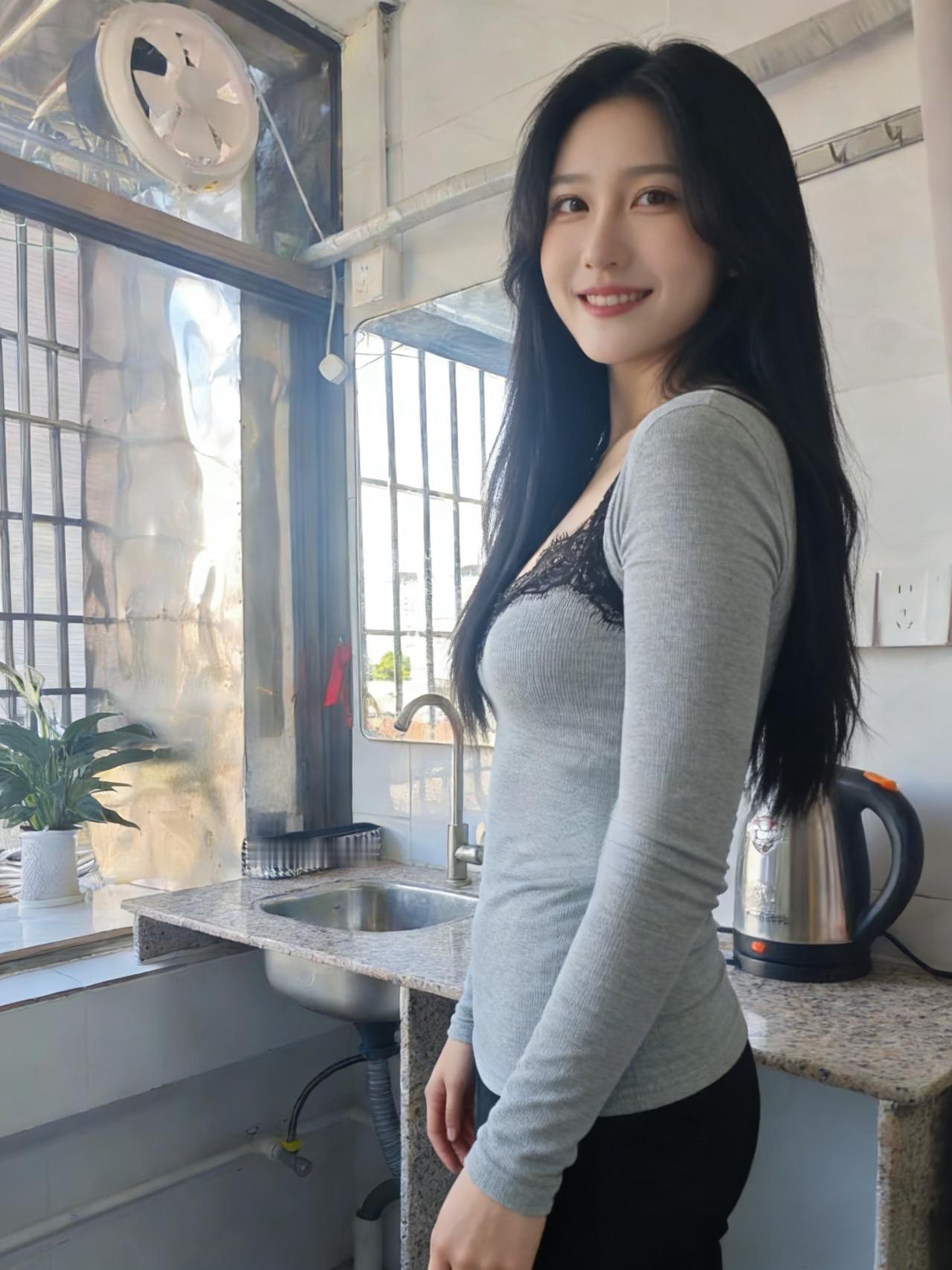 晨光斜照铁窗纱，浅笑嫣然立厨家。
不借丹青描秀色，自然风致胜春华。