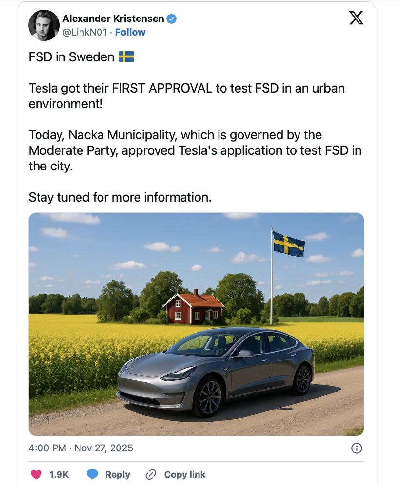 特斯拉FSD获准在瑞典上路测试
特斯拉已获得在瑞典纳卡市FSD测试的批准，纳卡市