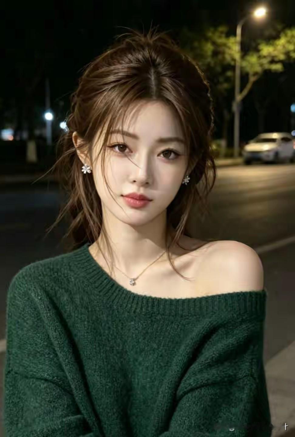 夜晚街头，美少女穿绿毛衣。