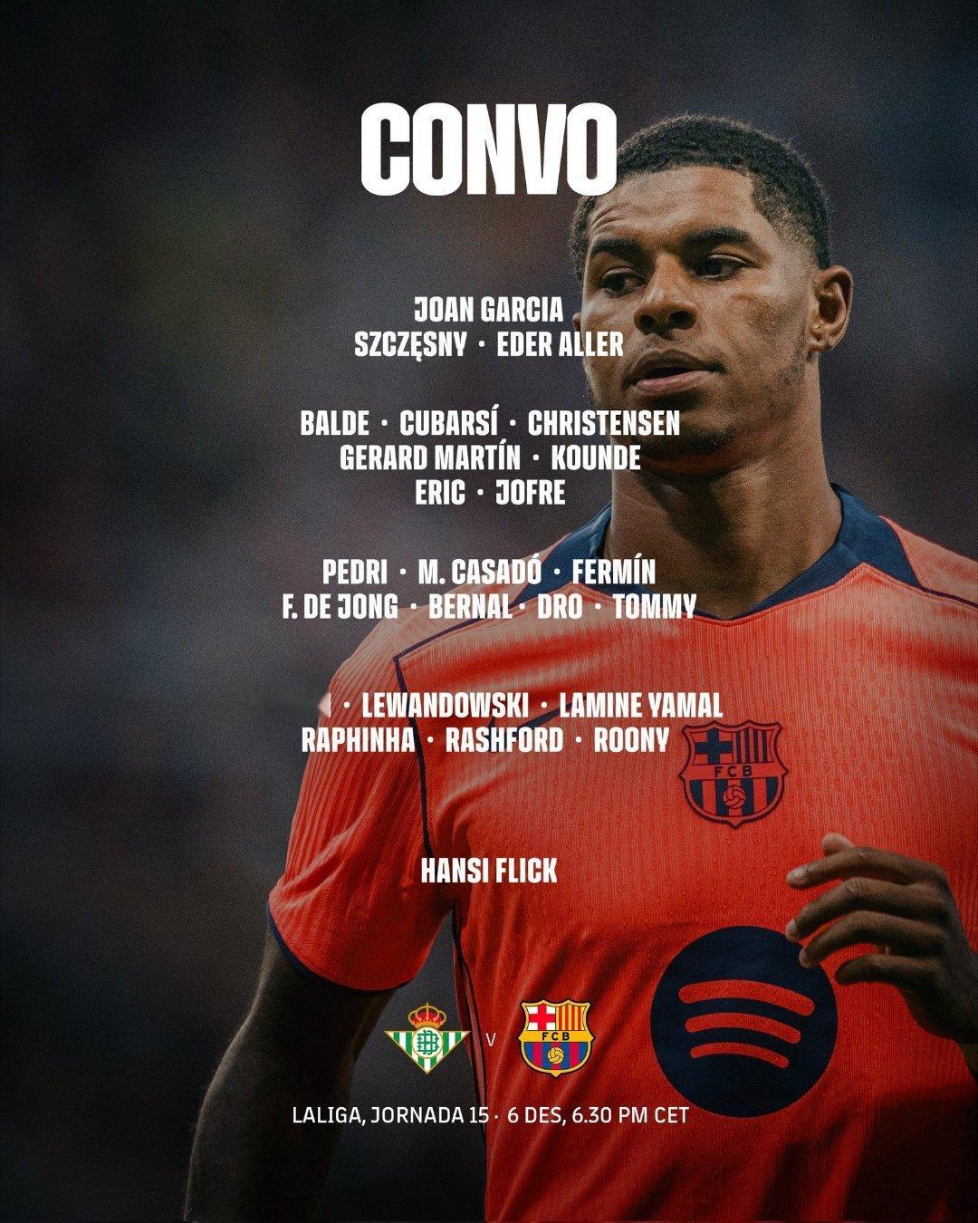 官方：巴萨对阵贝蒂斯大名单，费尔明和德容通过队医许可，可以出战🔥🔥🔥🔥?