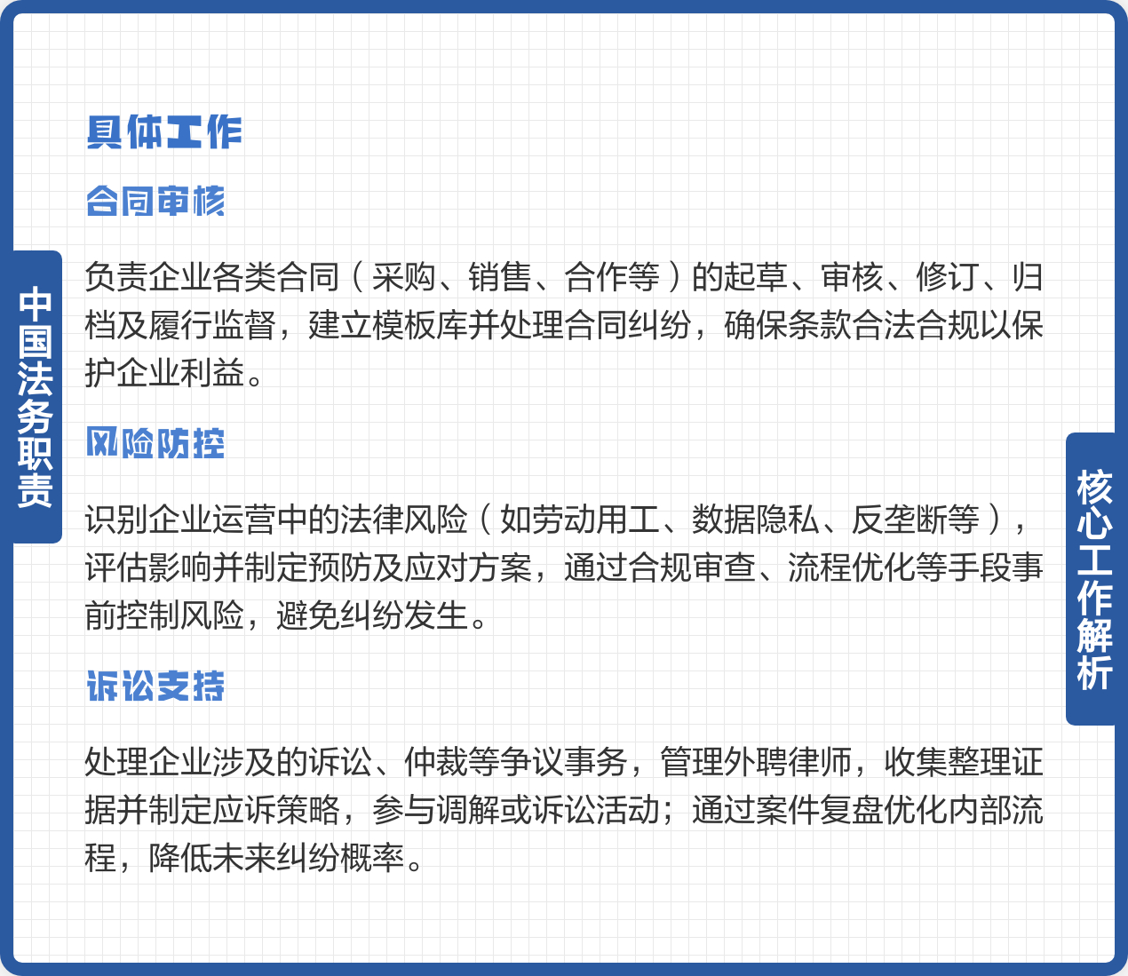 被法务的工作范畴震撼到了 法律事务处理和合规管理是法务工作的两大支柱。法律事务处