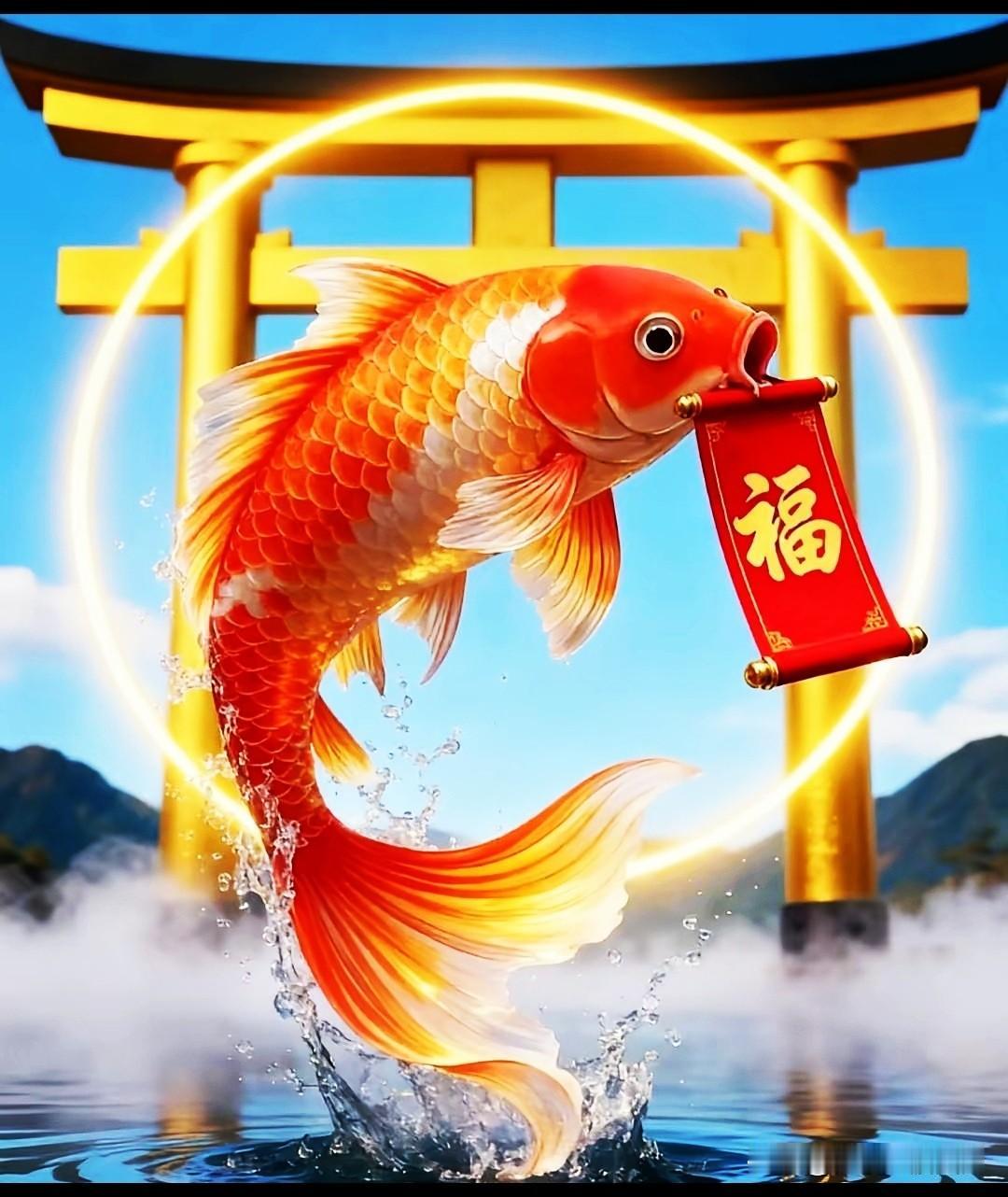 金鳞衔福凌空起，
瑞气随波遂梦来。