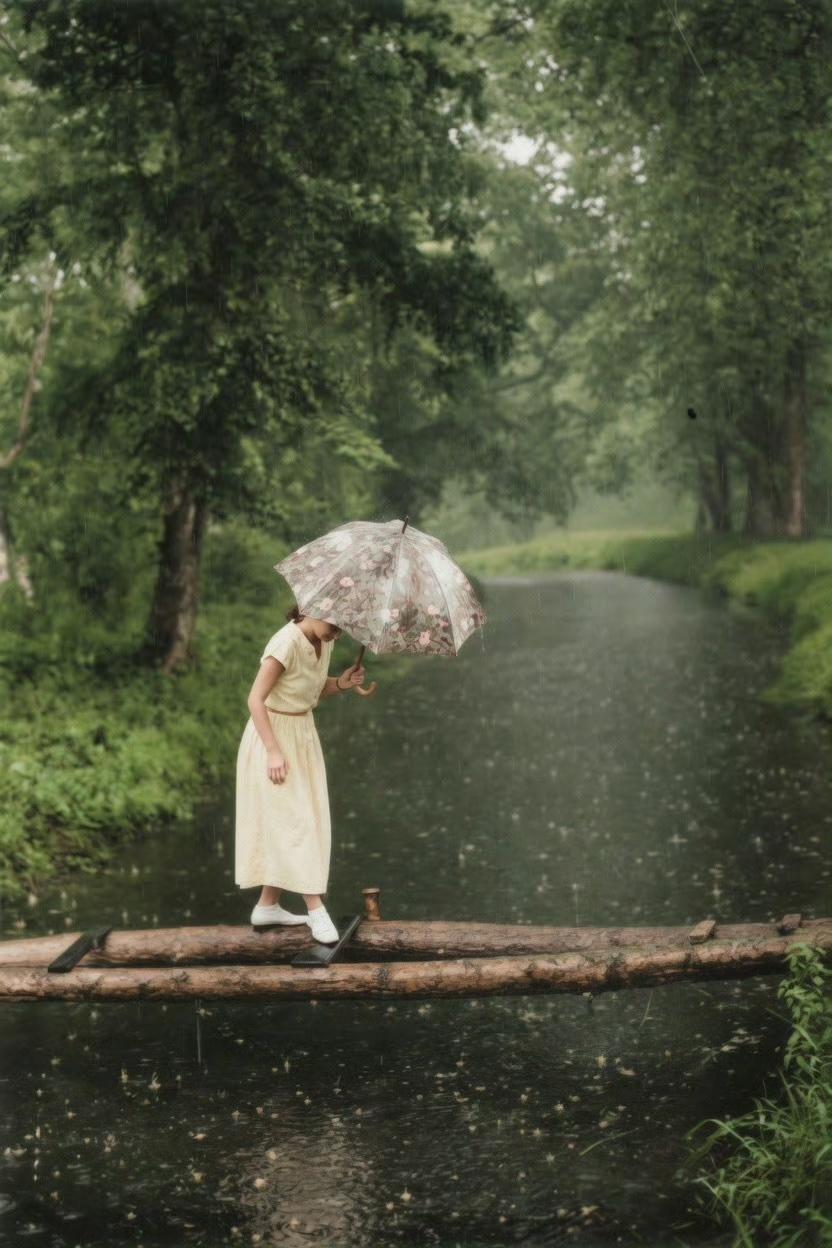 1968年法国，雨天过双木桥的美女