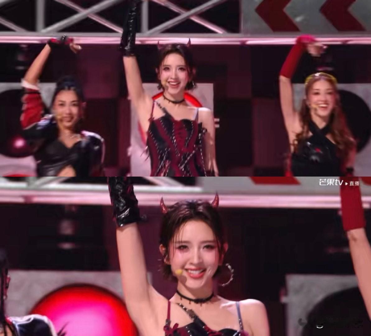 浪姐舞台上的唐艺昕，颜值确实不错，恶魔造型甜辣拉满，镜头怼脸都无死角，可一开口r