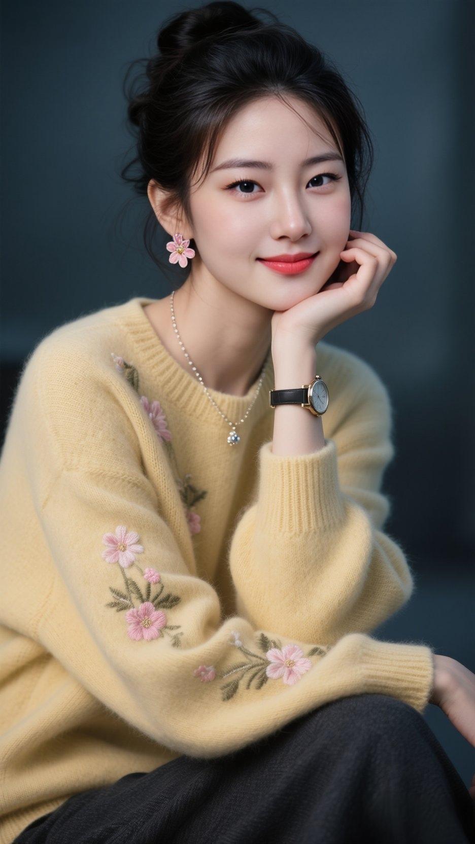 温柔甜美的少女，穿着粉色花朵毛衣，微笑着看向镜头。