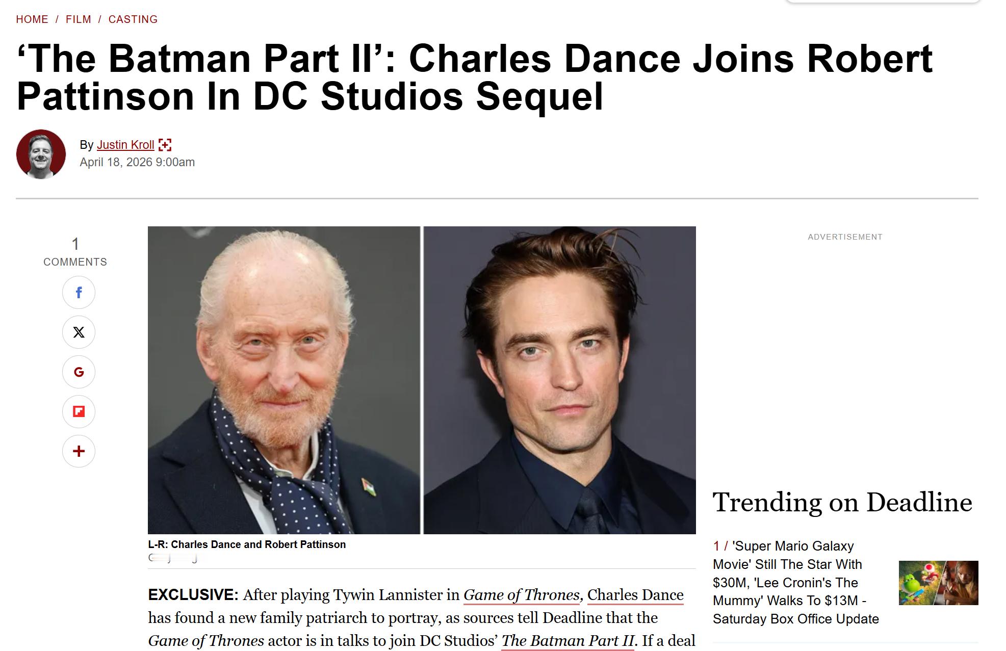 TNABO 查尔斯·丹斯商洽出演哈维·丹特的父亲 