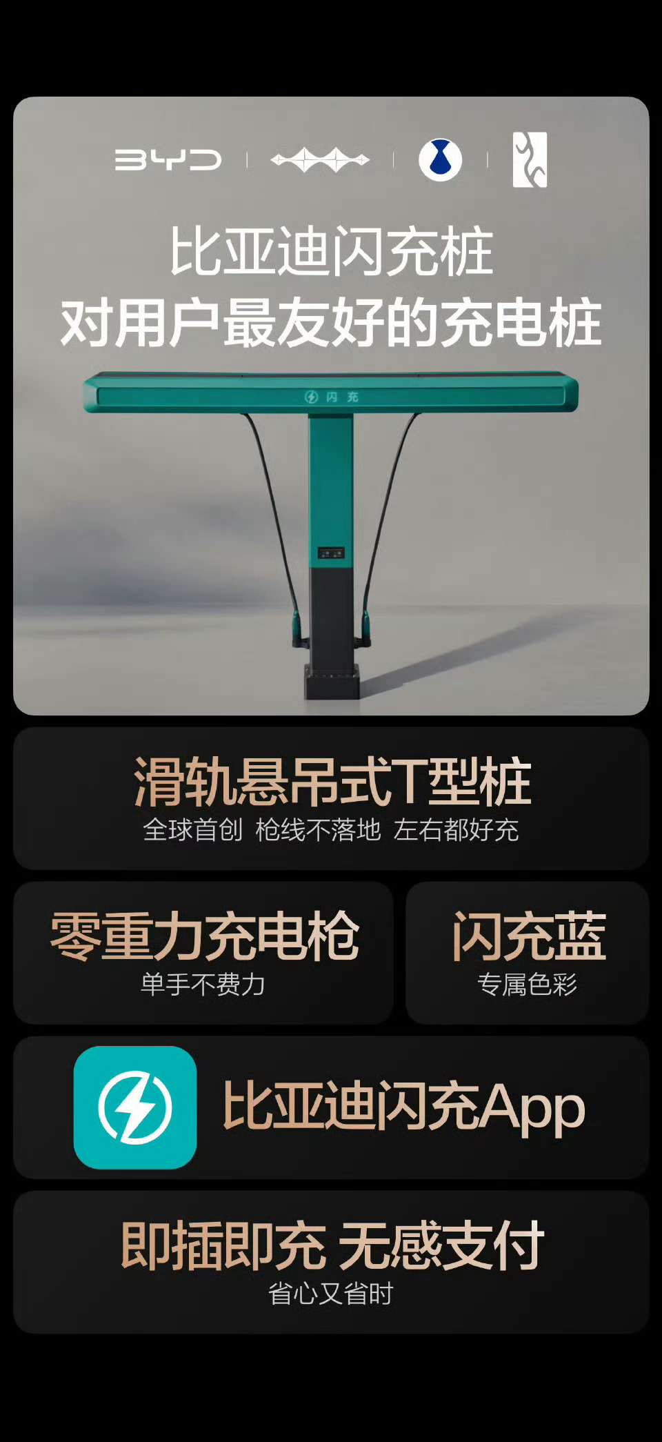 从发布到落地，比亚迪速度再一次领跑行业。全球首创滑轨悬吊T型闪充桩，1500kW