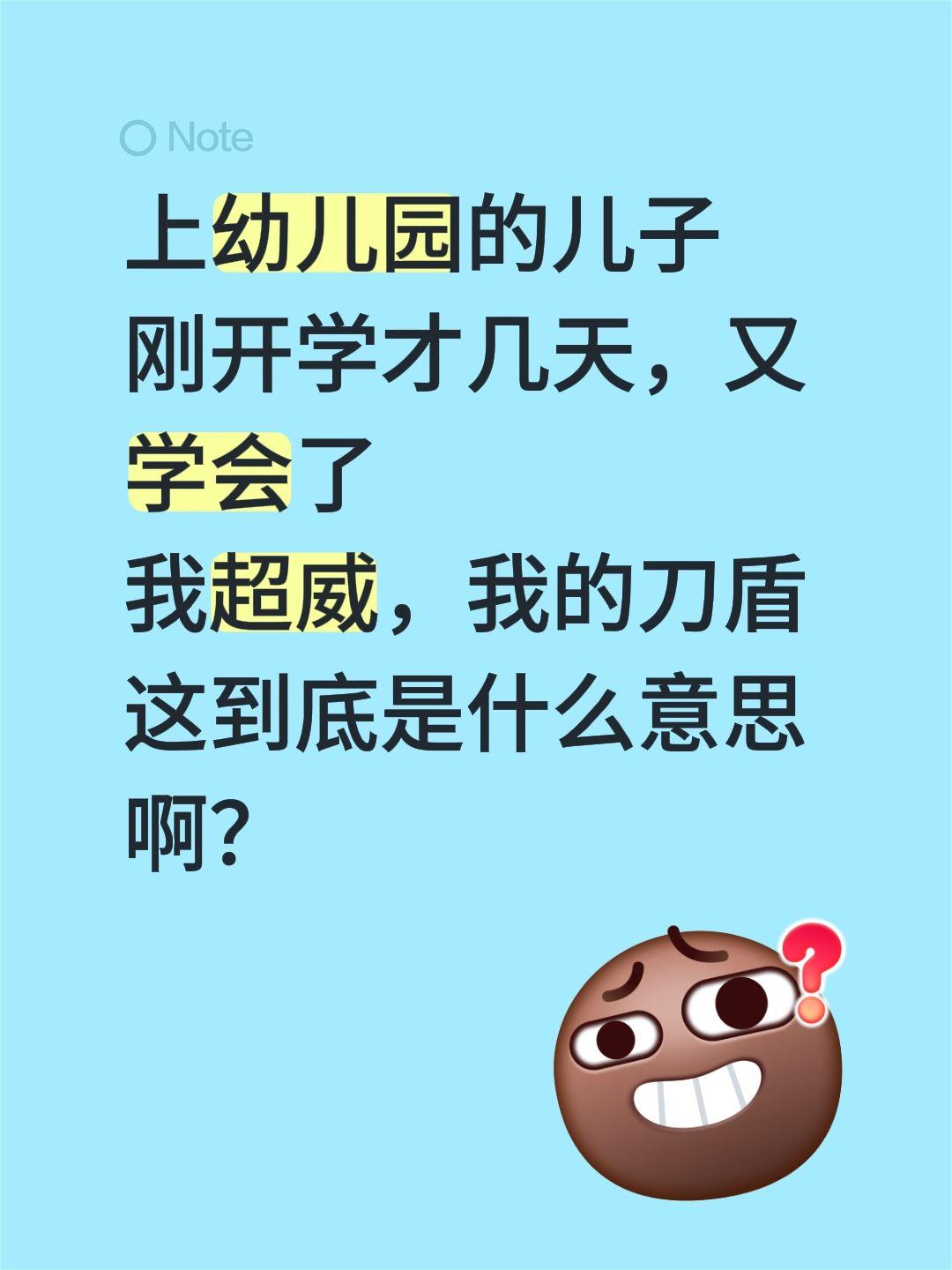 我超威，我的刀盾是什么意思？上幼儿园的儿子
刚开学才几天，又学会了
我超威，我的