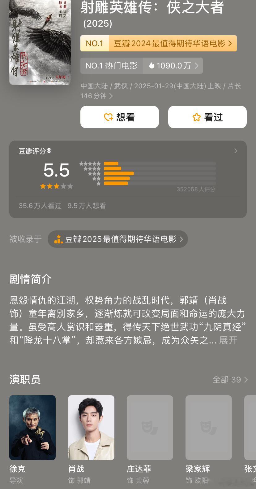 射雕豆瓣5.5  预售冲的最猛，最晚开分，开出了春节档最低分！ 