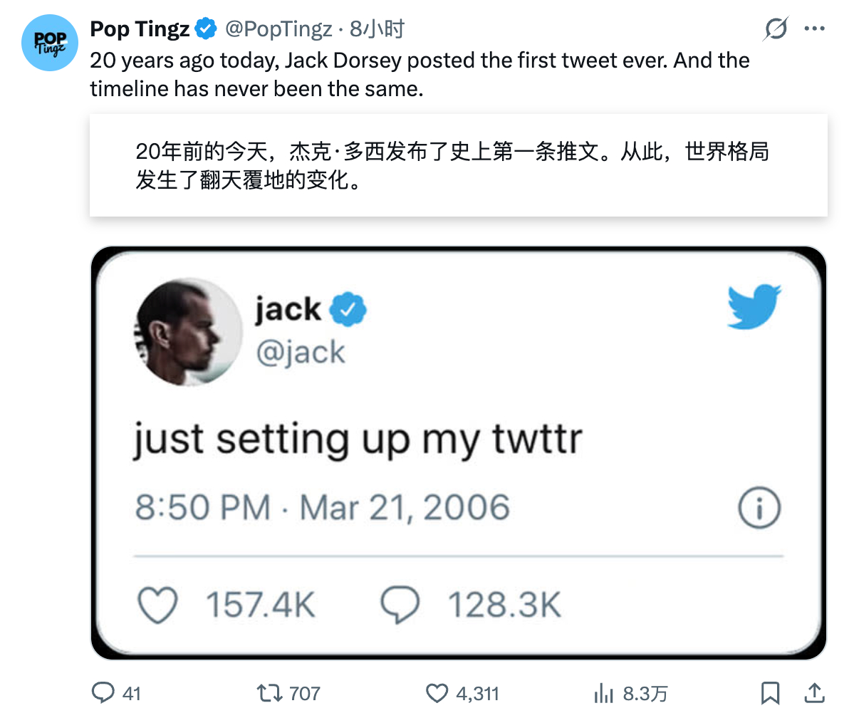 20 年前的今天，Jack Dorsey 发出了世界上第一条 Twitter。8