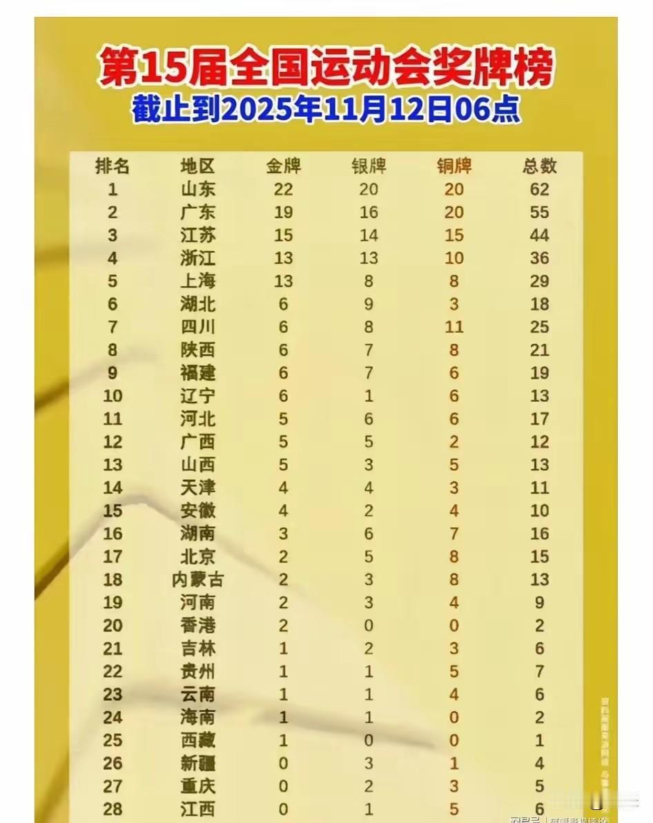 第15届全国运动会奖牌榜，山东以62枚奖牌排在第一，后面2到7名基本上是南方的地