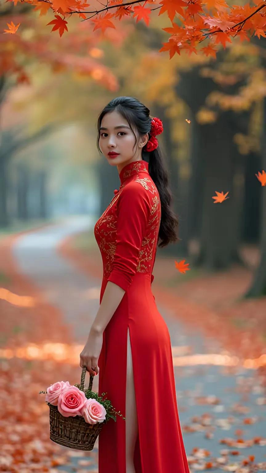 在漫天飞舞的枫叶中，一抹红衣若隐若现，她仿佛是秋天的精灵，给世界带来了一抹温暖。