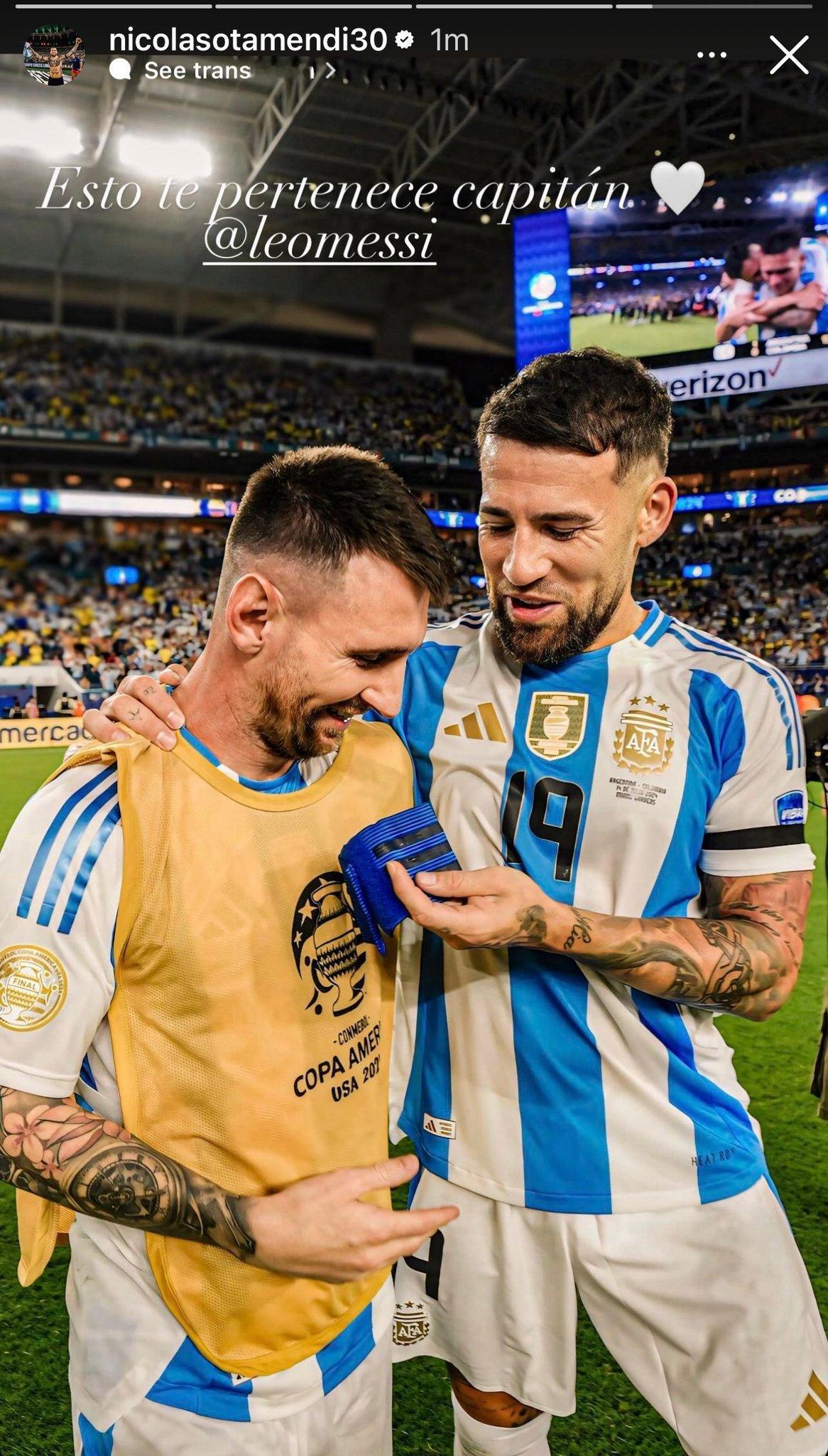 奥塔门迪Ins Story晒图：这是给你的，队长🤍#梅西[超话]##阿根廷夺冠