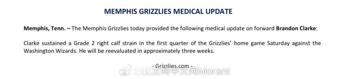 灰熊￼官方：布兰登·克拉克￼在周六对阵奇才￼的比赛中遭遇了右小腿二级拉伤，预计将