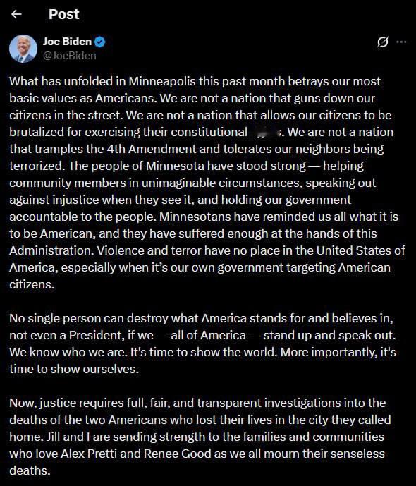 拜登就特朗普的移民特工当街枪杀美国公民的事件发声。“过去一个月在明尼阿波利斯发生