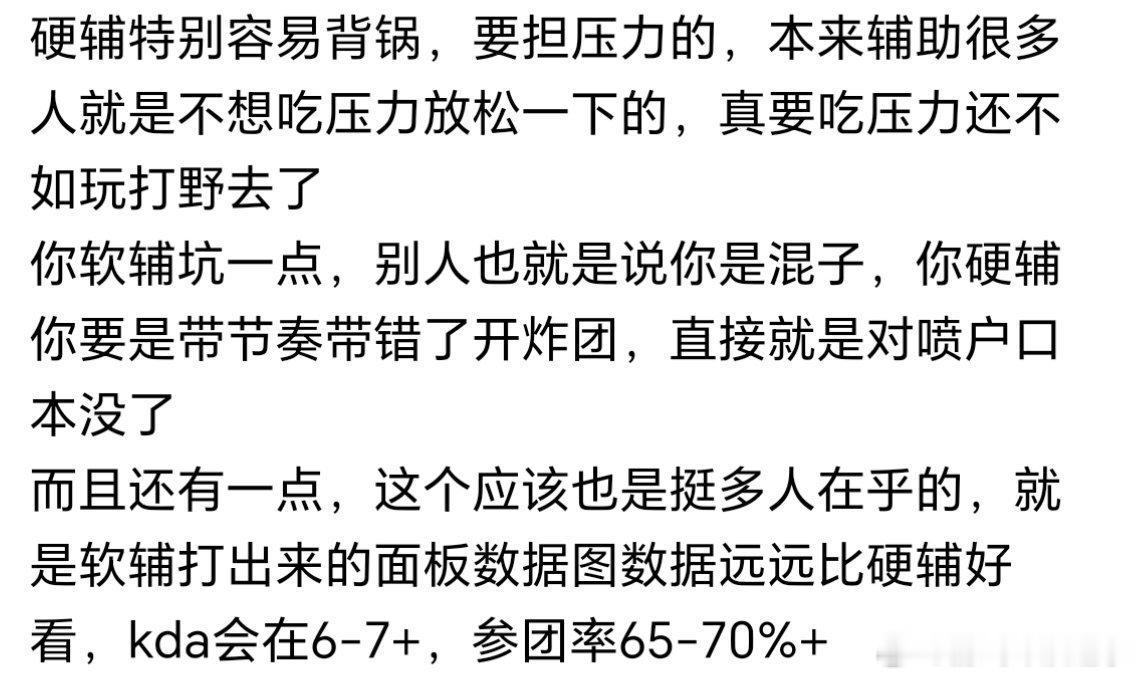 硬辅特别容易背锅，要担压力的，本来辅助很多人就是不想吃压力放松一下的，真要吃压力